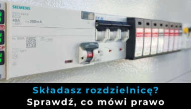 Rozdzielnica nn z aparaturą modułową, grafika zapowiadająca artykuł o odpowiedzialności elektryka za prefabrykację rozdzielnic i wymaganiach PN EN IEC 61439.