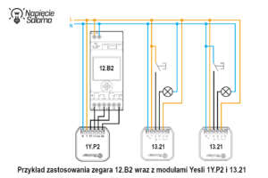 Schemat podłączenia zegara sterującego 12.B2 z modułami Yesly