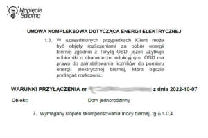 Fragment umowy z Tauronem wskazujący zapisy o rozliczaniu za moc bierną - analiza ekspercka Piotr Bibik