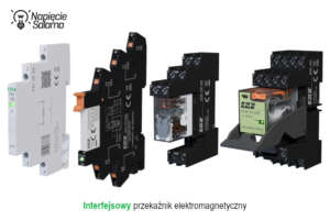 Przekaźniki interfejsowe elektromagnetyczne w gniazdach na szynę DIN, widok różnych konstrukcji stosowanych w automatyce