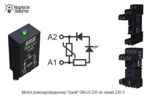 Moduł przeciwprzepięciowy GN‑LV‑230 z diodą LED do cewek 230 V AC, schemat gaszenia przepięć i sygnalizacji zasilania cewki