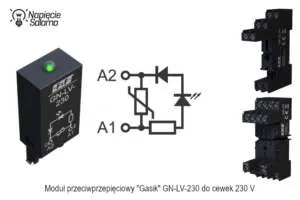 Gasik z sygnalizacją LED do cewki 230 V AC – ochrona i diagnostyka obwodu sterowania Moduł przeciwprzepięciowy GN‑LV‑230 z diodą LED do cewek 230 V AC, schemat gaszenia przepięć i sygnalizacji zasilania cewki