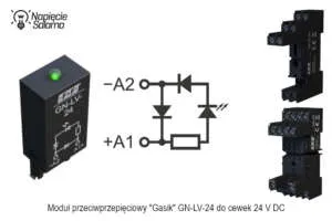 Gasik z sygnalizacją LED do cewki 24 V DC – ochrona i szybka diagnostyka toru sterowania Moduł przeciwprzepięciowy GN‑LV‑24 z diodą LED do cewek 24 V DC, schemat gaszenia przepięć i sygnalizacji zasilania cewki