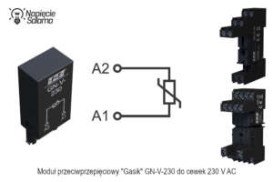Moduł przeciwprzepięciowy GN‑V‑230 do cewek 230 V AC, schemat gaszenia przepięć w obwodzie cewki przekaźnika
