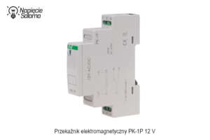 Przekaźnik elektromagnetyczny instalacyjny PK 1P 12 V montowany na szynie TH35, przeznaczony do sterowania obwodami wykonawczymi w rozdzielnicy