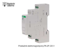 Przekaźnik elektromagnetyczny instalacyjny PK 2P 230 V montowany na szynie TH35, dwutorowy element wykonawczy zasilany bezpośrednio z sieci