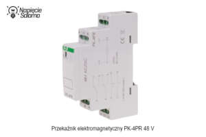 Przekaźnik elektromagnetyczny instalacyjny PK 4PR 48 V montowany na szynie TH35, czterotorowy element wykonawczy w rozdzielnicy