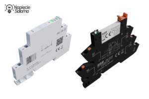 Porównanie wąskiego przekaźnika interfejsowego PKI 6,2 mm montowanego bezpośrednio na szynie TH35 oraz przekaźnika interfejsowego w gnieździe