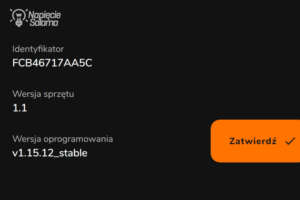 Informacje o wersji oprogramowania v1.15.12_stable i identyfikatorze urządzenia FOX F&F. Protokół MQTT w Smart Home – ekran potwierdzenia parametrów sprzętowych.