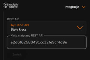 Widok wygenerowanego klucza statycznego REST API w aplikacji FOX. Długi ciąg alfanumeryczny służący do bezpiecznej autoryzacji połączeń w ramach integracji REST API i MQTT w Smart Home.