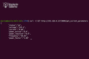 Wynik zapytania curl do urządzenia FOX Energy-1 w terminalu Linux. Odpowiedź JSON zawierająca parametry elektryczne: napięcie (voltage), częstotliwość (frequency) i współczynnik mocy (power_factor) w kontekście REST API i MQTT w Smart Home.
