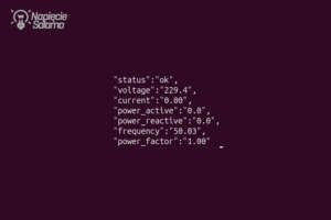Zbliżenie na strukturę odpowiedzi JSON z urządzenia FOX Energy-1. Widoczne parametry: status "ok", voltage (napięcie), current (natężenie), power_active (moc czynna), frequency (częstotliwość) oraz power_factor (współczynnik mocy).