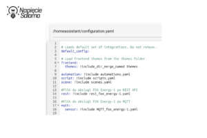 Fragment pliku configuration.yaml w Home Assistant z sekcją MQTT dla modułu Energy 1. Protokół MQTT w Smart Home jako alternatywa dla REST API w systemie FOX F&F.