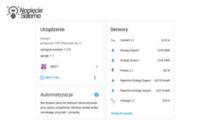 Widok szczegółowy urządzenia Energy 1 (F&F Filipowski) w panelu Home Assistant. Lista sensorów MQTT: natężenie, eksport i import energii, moc oraz napięcie, działających w systemie Smart Home.