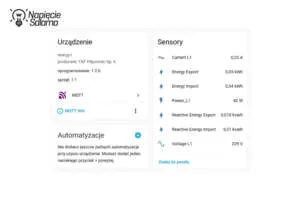 Widok szczegółowy urządzenia Energy 1 (F&F Filipowski) w panelu Home Assistant. Lista sensorów MQTT: natężenie, eksport i import energii, moc oraz napięcie, działających w systemie Smart Home.
