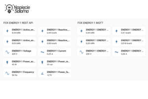 Porównanie odczytów z urządzenia FOX Energy 1 przez REST API oraz protokół MQTT w Home Assistant. Zestawienie kafelków z danymi o zużyciu energii, napięciu i mocy w inteligentnym domu.