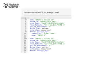 Konfiguracja sensorów MQTT w pliku YAML dla modułu Energy 1 FOX F&F. Protokół MQTT w Smart Home wykorzystujący value_template do wyodrębniania danych JSON.