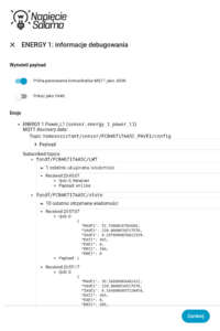 Informacje debugowania i payload JSON z modułu Energy 1 systemu FOX F&F. Protokół MQTT w Smart Home prezentujący strukturę danych przesyłanych do brokera.