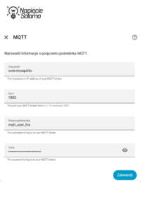 Formularz konfiguracji połączenia z brokerem Mosquitto. Wprowadzanie nazwy użytkownika mqtt_user_fox i hosta dla usługi Protokół MQTT w Smart Home.