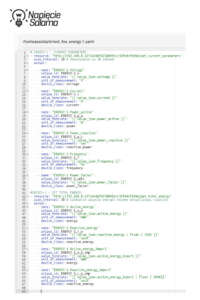 Pełna konfiguracja pliku rest_fox_energy-1.yaml w Home Assistant. Definicja sensorów dla parametrów bieżących (napięcie, moc, częstotliwość) oraz liczników energii całkowitej i eksportowanej w ramach integracji REST API i MQTT w Smart Home.