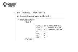 Widok tematu MQTT state dla urządzenia FOX F&F z odebranym payloadem JSON. Protokół MQTT w Smart Home prezentujący parametry elektryczne i poziom QoS: 0.