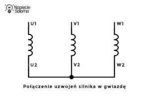 Połączenie uzwojeń silnika trójfazowego w gwiazdę z oznaczeniami zacisków U1, V1, W1 oraz U2, V2, W2
