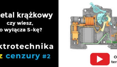 Przekrój wyłącznika nadprądowego z widocznym mechanizmem wyzwalającym oraz informacją o bimetalu krążkowym
