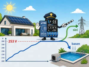 Jak ograniczyć wyłączanie falownika przy 253V poprzez wykorzystanie nadwyżek energii z instalacji fotowoltaicznej Wyłączanie falownika przy 253V ograniczone przez automatyczne uruchomienie ogrzewania basenu za pomocą sterownika switchBox