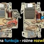Przekrój dwóch wyłączników nadprądowych MCB prezentujący dwa różne rozwiązania konstrukcyjne: termobimetal paskowy i termobimetal krążkowy