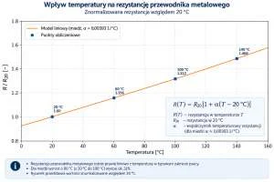 Wpływ temperatury na rezystancję: model liniowy i jego znaczenie dla termobimetalu MCB Wykres przedstawiający zależność rezystancji przewodnika metalowego od temperatury. Wraz ze wzrostem temperatury od 20°C do 140°C znormalizowana rezystancja rośnie niemal liniowo.