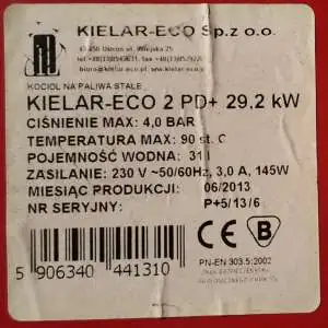Tabliczka znamionowa kotła CO Kielar ECO tabliczka znamionowa kotła CO