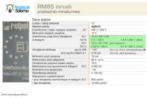 Dane styku przekaźnika RM85 inrush Relpol Obciążalność przekaźnika RM85 inrush Relpol