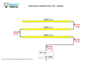 Schemat podłączenia pasków LED - jednostronnie zasilane LED Instalacja elektryczna w łazience - oświetlenie - schemat jednostronnie zasilanych połączonych szeregowo pasków LED