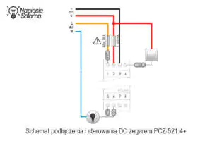 PCZ-521.4 PLUS - schemat sterowania i podłączenia zasilania DC Schemat podłączenia i zasilania z DC zegara sterującego PCZ-521.4 Plus