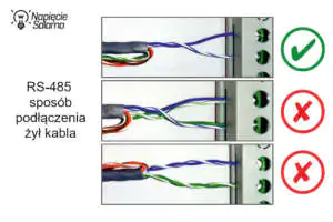 RS-485 przykład prawidłowego i błędnego podłączenia żył skrętki komputerowej Liczniki energii z komunikacją - RS-485 przykład prawidłowego i błędnego podłączenia skrętki komputerowej
