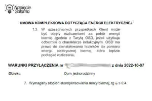Sprawdź swoją umowę! Zapisy o opłatach za moc bierną w taryfie G. Fragment umowy z Tauronem wskazujący zapisy o rozliczaniu za moc bierną - analiza ekspercka Piotr Bibik